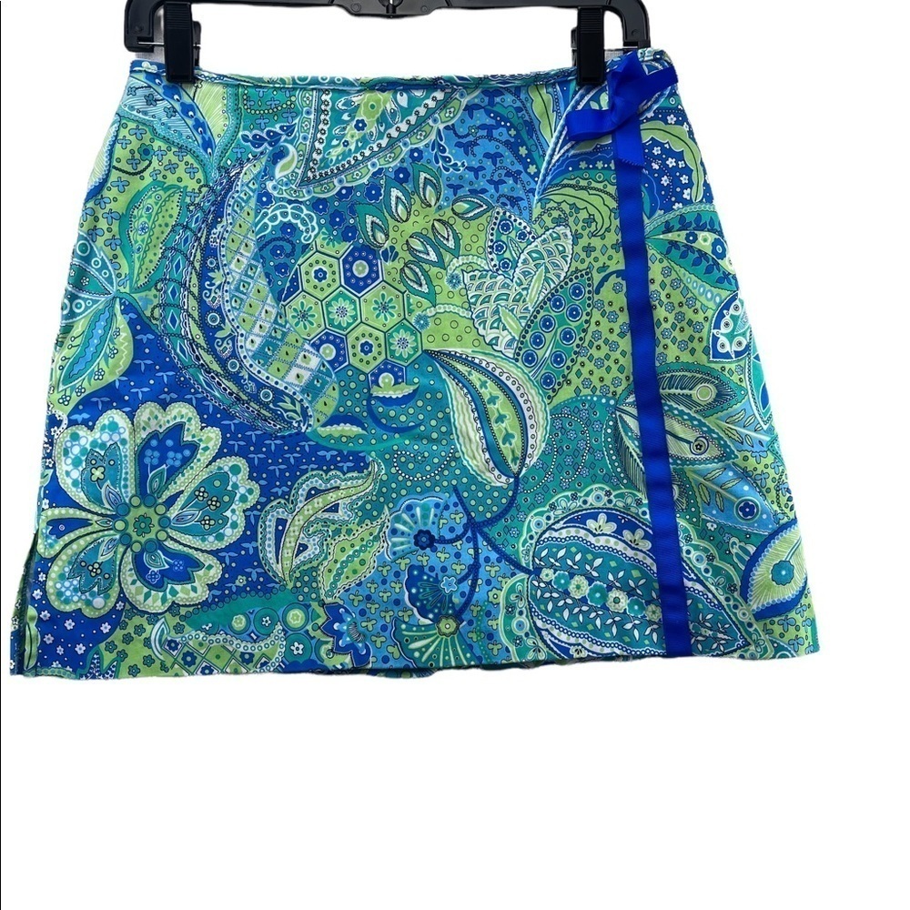 Vibrant Green and Blue Paisley Skort with Wrap-Style Front